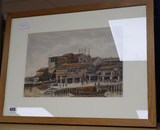 Manner of George Chinnery, watercolour, Canton Wharf, dated February 26/80, 23 x 34cm